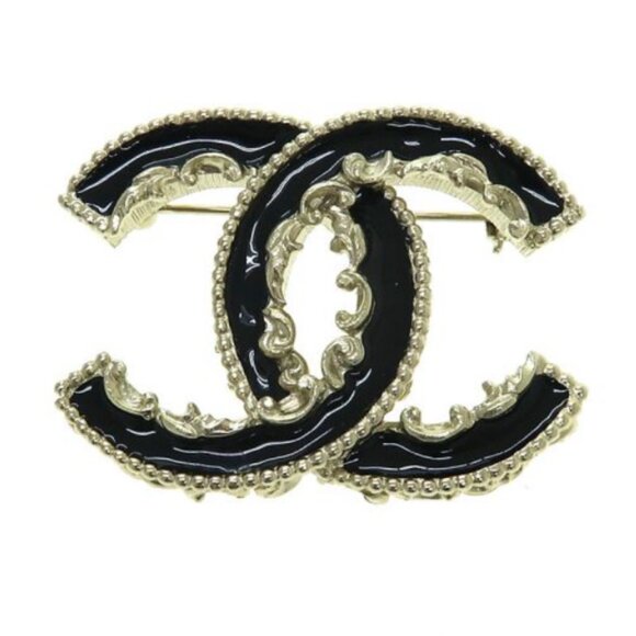 CHANEL Black CC Logo Wave Brooch Gold Tone B13C Pin Auth - Picture 1 of 8